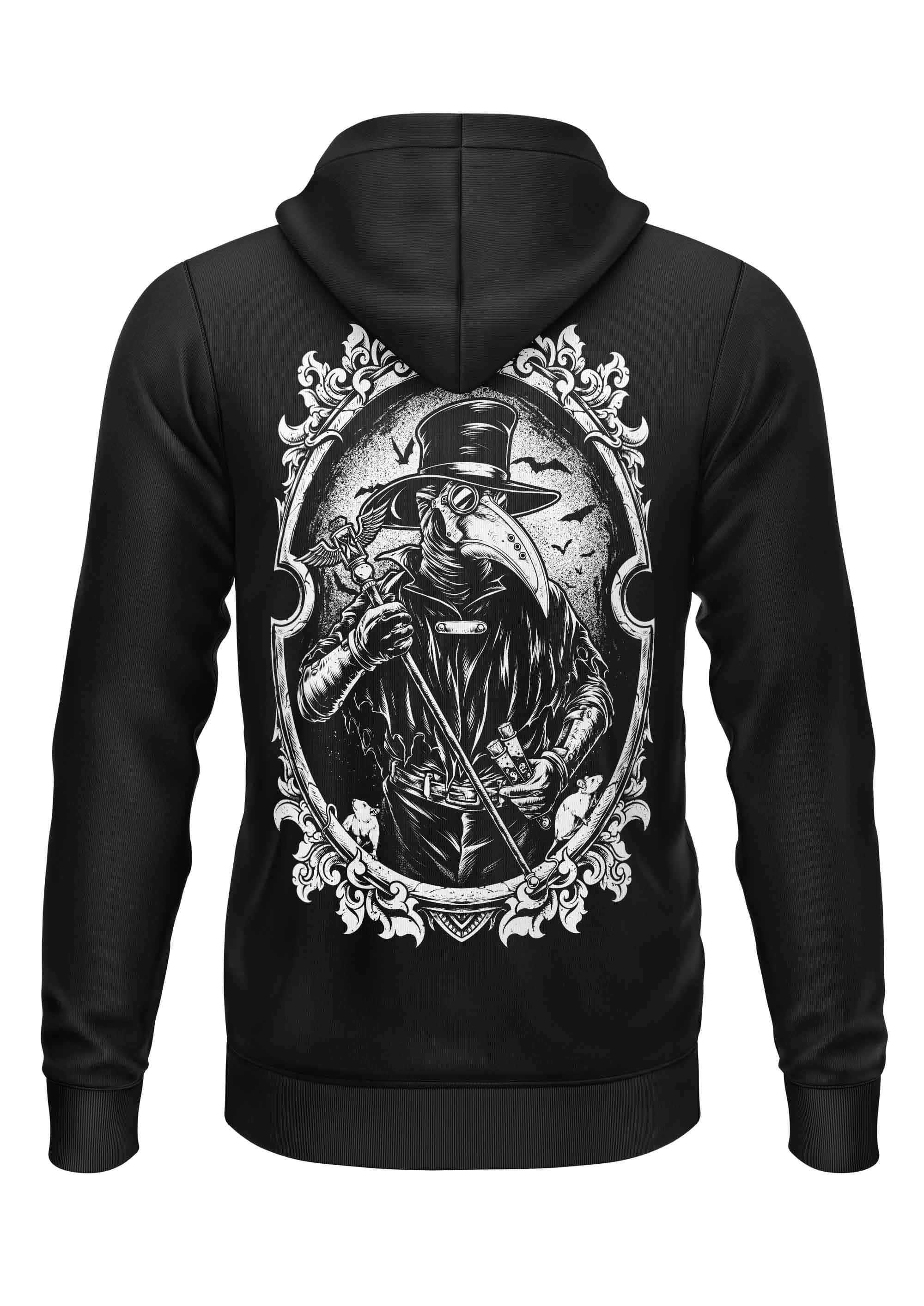 Schwarzer zip-up hoodie mit detailliertem white gothic plague doctor grafik im ornamentalen ovalrahmen auf der rückseite